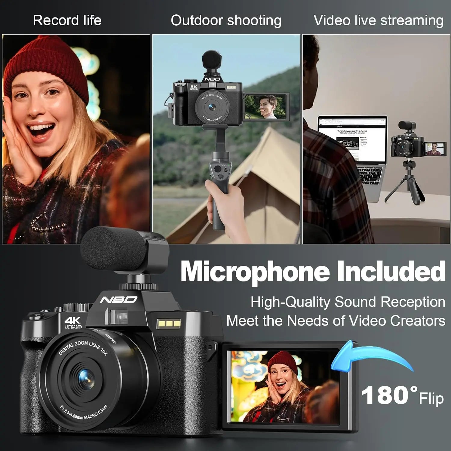 NBD 4K Digital Cameras for Photography,48MP Camera,Travel Vlogging Cameras with 16X Digital Zoom,180°Flip Screen,52mm Macro Lens.