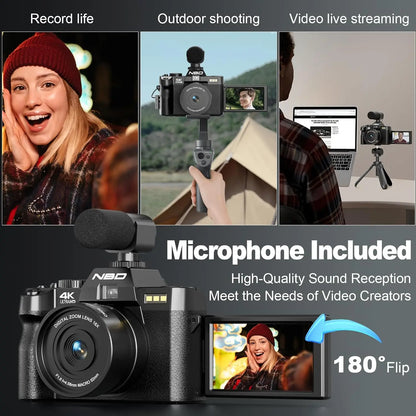 NBD 4K Digital Cameras for Photography,48MP Camera,Travel Vlogging Cameras with 16X Digital Zoom,180°Flip Screen,52mm Macro Lens.