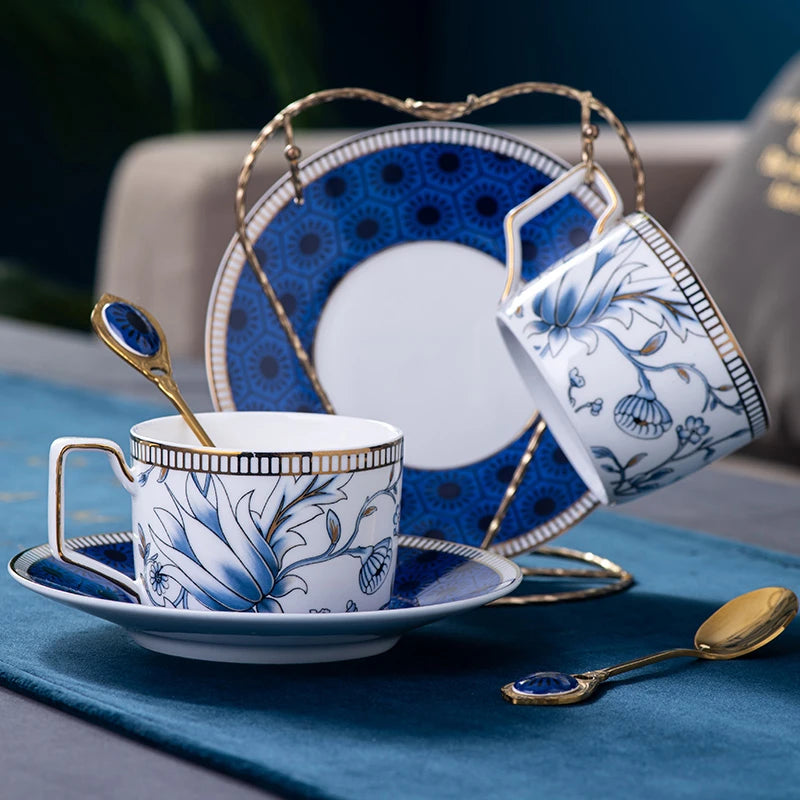 Elegant Cup and Saucer Set Bone China Sugar Jar Milk Jug Coffee Pot Set Cyan Magnolia Home English Mug Teaset Dessert Plate