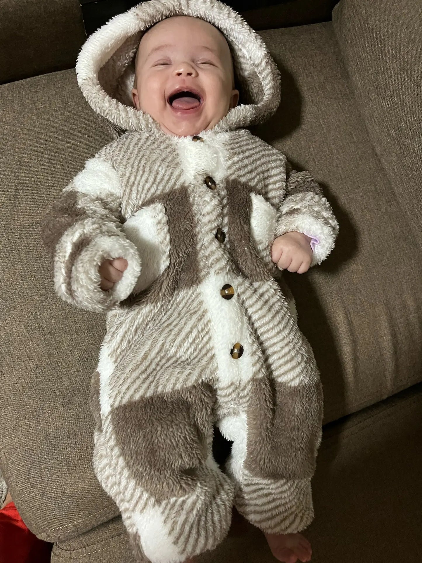 Baby-Strampler für Jungen und Mädchen, kariert, mit Kapuze, langärmelig, Plüsch-Overall, Winter, warmer Body, Kleidung für Kleinkinder im Alter von 3–24 Monaten.