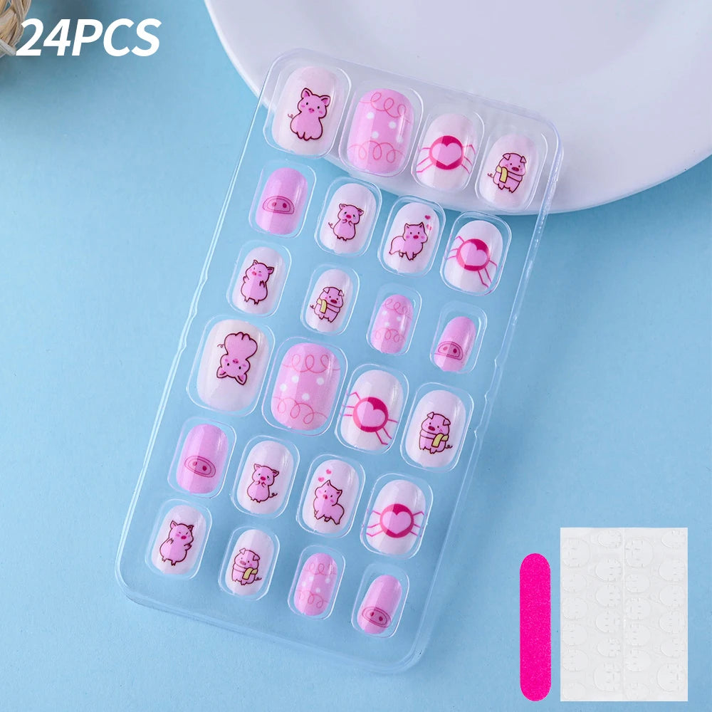 24Pcs/box Kids nails for Girl Cartoon Pattern False Nail Cute Child Fake Nails Tips Kawaii Acrylic Artificial Press on Nail+Tool
