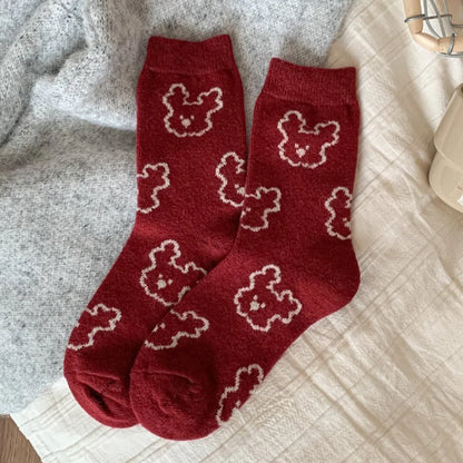Christmas Gift Socks Women Winter Keep Warm Wool Socks Cute Bear Cartoon Happy Funny Kawaii Daily Streetwear Woman Floor Socks.