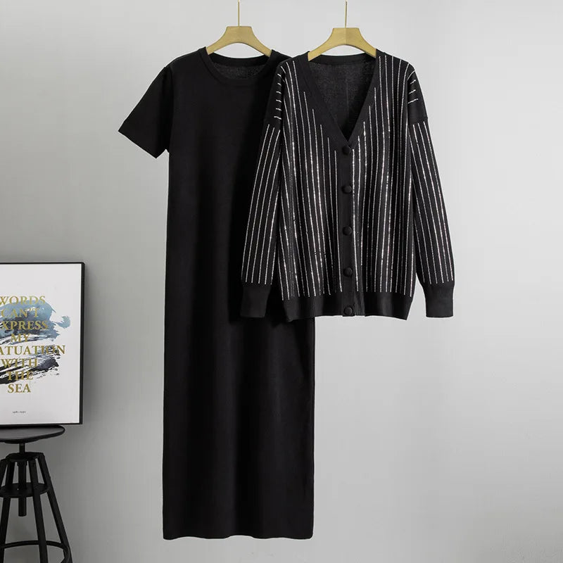 Women Knit 2 Piece Set Cardigan Set Sweater Muslim Short Sleeve Long DressEnsemble Knitwear Suit Modest Autumn Winter Outfits