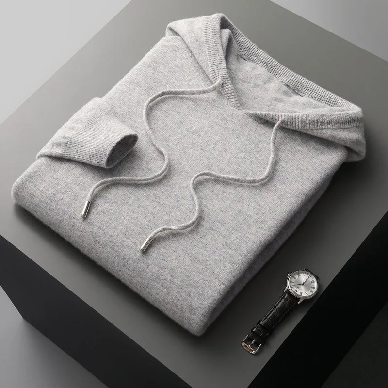 Autumn Winter New Merino Sweater Men's 100% Wool Hooded Collar Knitted Pullover Casual long Sleeved Hoodie