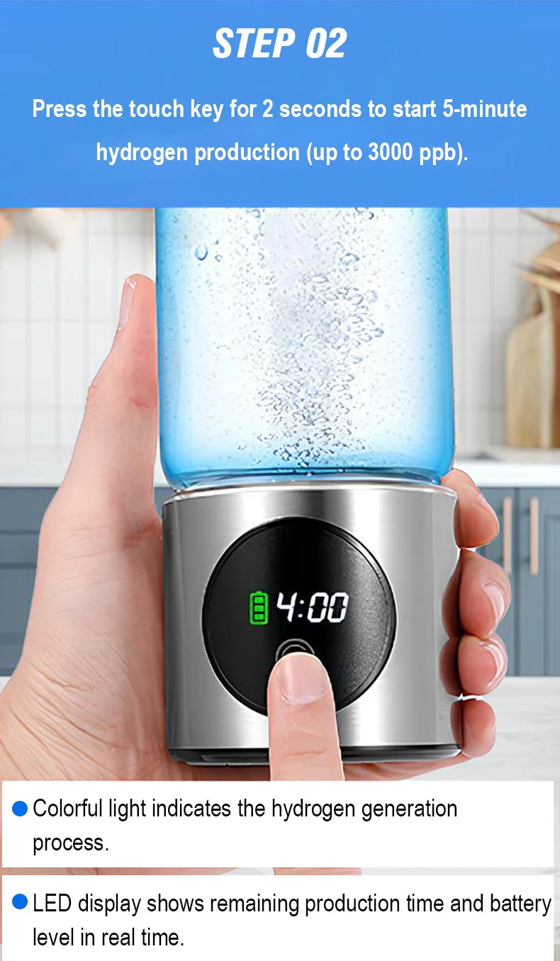 Portable Performance Hydrogen Water Generator Bottle SPE+PEM Dual Chamber lonizer + PPB&Time Display Electrolytic Hydrogen Water.