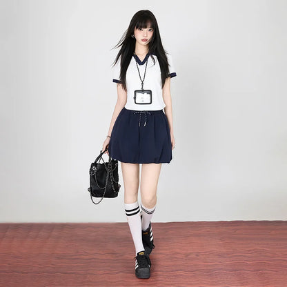 Korean College Style Half-length Shorts Floral Pants White Short-sleeved Set 2025 Versatile New Model Cotton V-neck T-shirt.