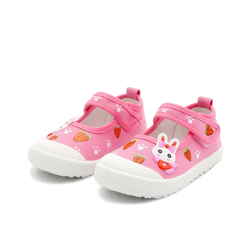 JGSHOWKITO Girls Canvas Shoes Soft Sports Shoes Kids Running Sneakers Candy  With Cartoon Rabbit Carrots Prints Children.