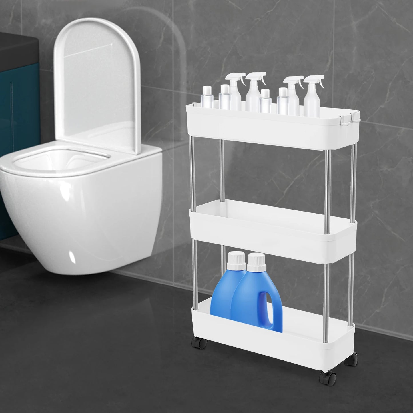 3-lagiges Rollwagen-Regal, bodenstehendes Lagerregal mit 4 Universalrädern, 4 Haken, Küche, Badezimmer, Organizer