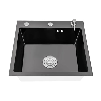 Schwarze Küchenspüle aus Edelstahl, integriertes Spülbecken mit Seifenspender und Abtropfbrett, Küchenspüle mit 1 Becken, 50 x 45 x 20 cm