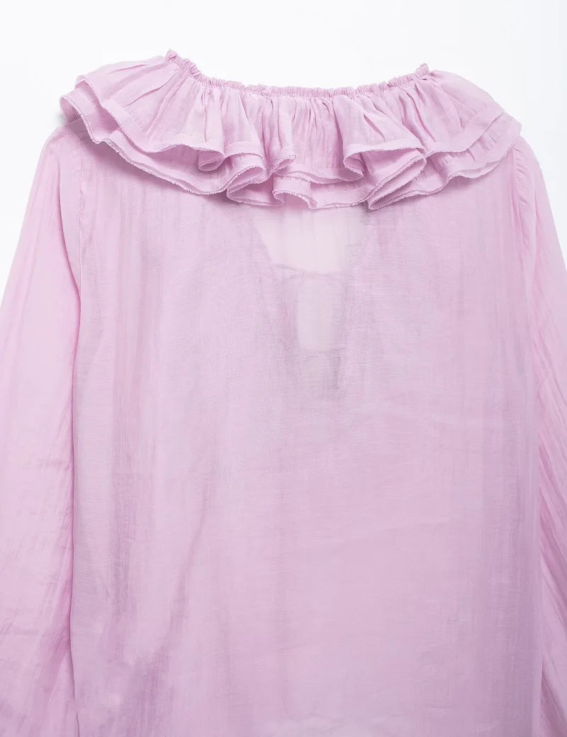 MUJER 2025 Ruffle Blouses for Women Semi Sheer Casual Blouse Woman Pleated Summer Shirts and Blouses Women Long Sleeve Women Top.