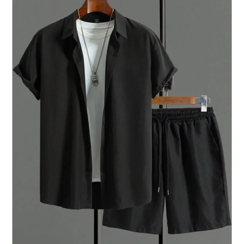 Einfaches einfarbiges Hawaii-Hemd für Herren, Sommer-Trend, kurzärmelige Shorts, 2-teilig, täglich, lässig, Shorts, Top-Anzug, modisch, übergroß.