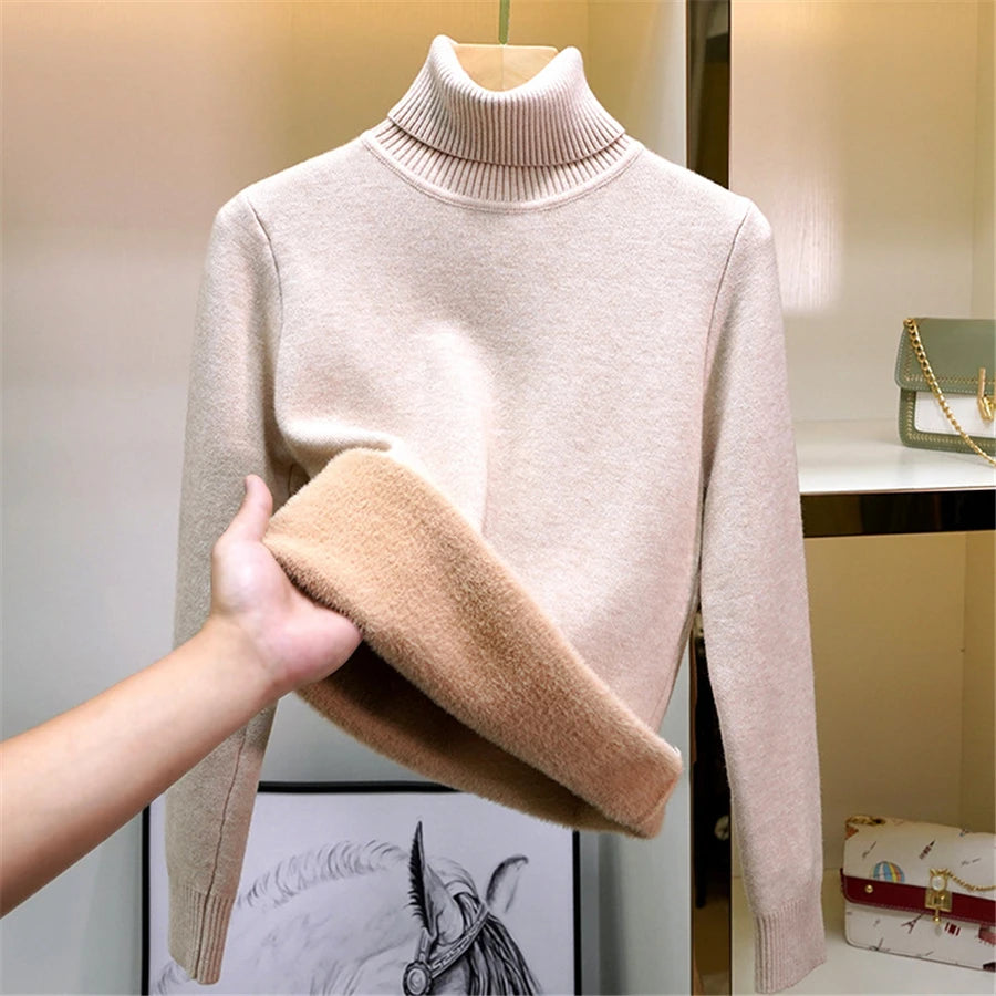 Verdicken Samt Rollkragenpullover Frauen Koreanische Mode Gefüttert Warme Sueter Gestrickte Pullover Schlank Top Winter Jersey Strickwaren Jumper.