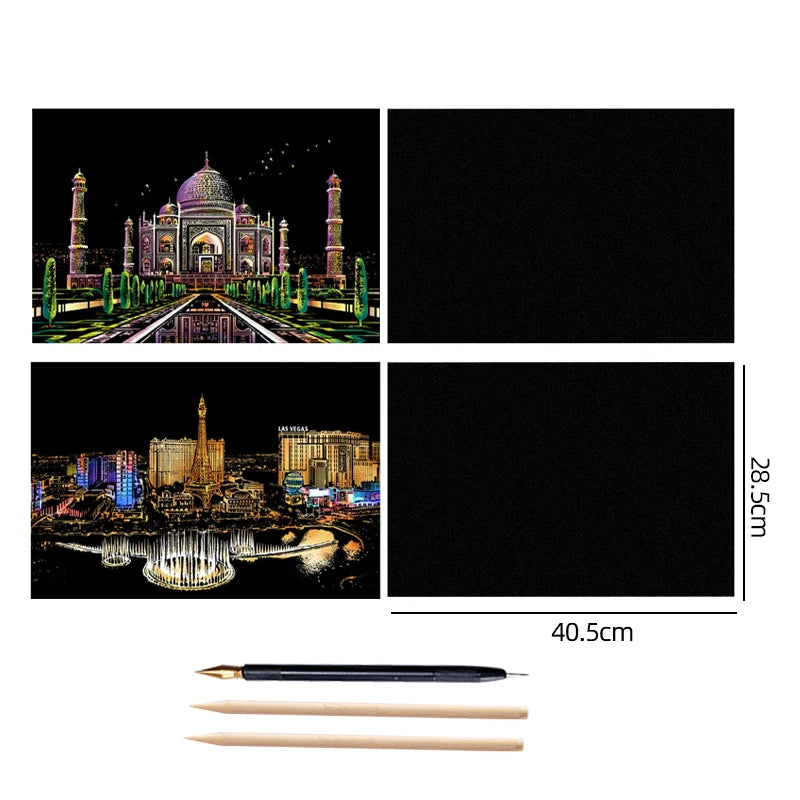 4PCS Scratch Art Paper World Landmarks Animals Painting Toy with Stylus Stress Relief Drawing Kids Adult Gift Glow in Dark Craft