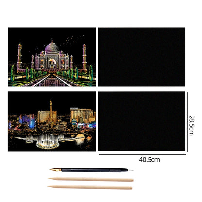 4PCS Scratch Art Paper World Landmarks Animals Painting Toy with Stylus Stress Relief Drawing Kids Adult Gift Glow in Dark Craft