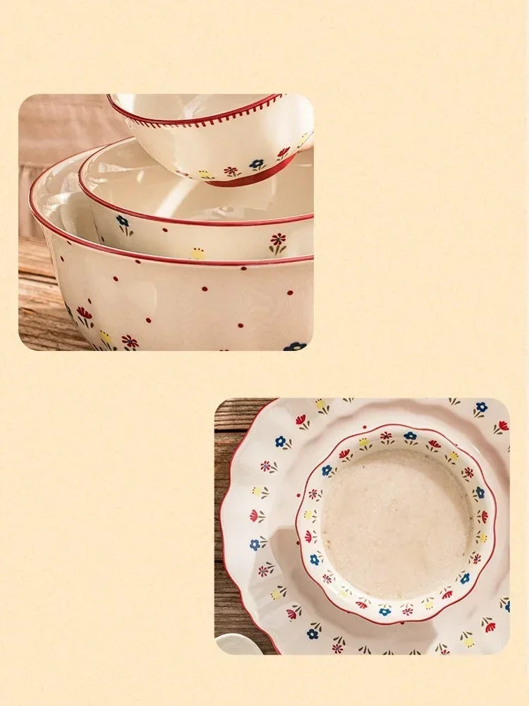 SOLECASA Ceramic Tableware Pastoral Style Rice Soup Bowl Fruit Salad Bowl Dish Pasta Dessert Plate Dinnerware Table Decoration.