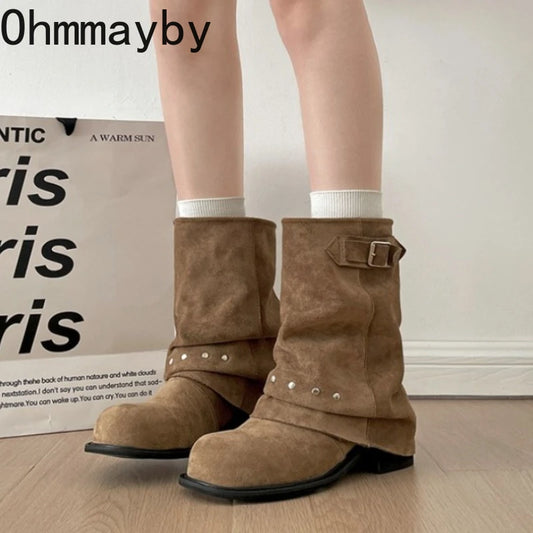 Winter Pleated Women Western Ankle Boots Fashion Rivet Belt Buckle Shoes Ladies Concise Vintage Thick Heel Short Booties.