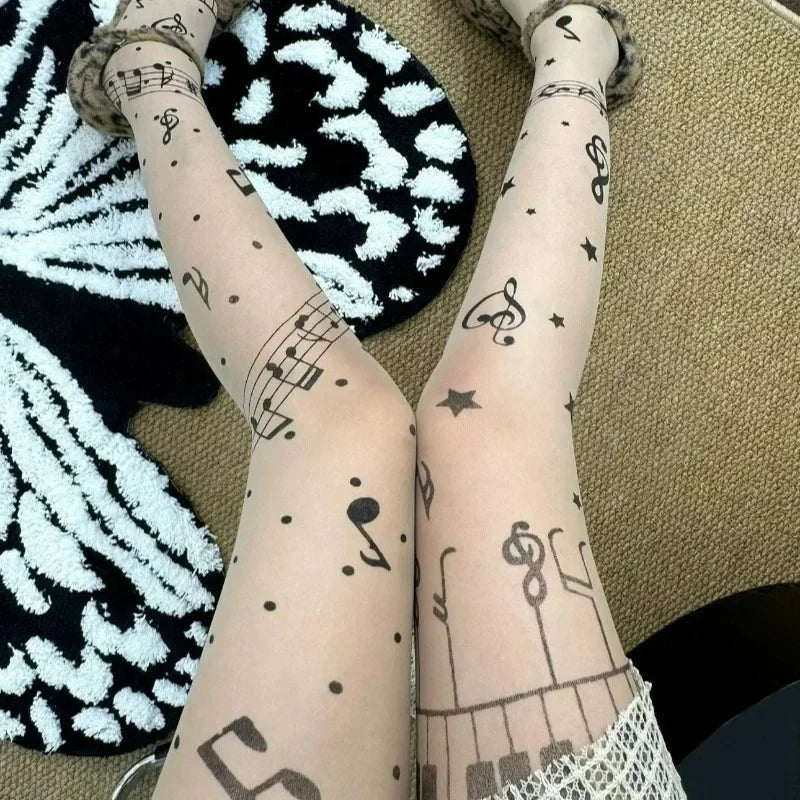 Women Personalized Stocking Gothic Music Notes Print Tights Thin High Elasticity Black Skin Leggings Spicy Girls Y2K Hosiery