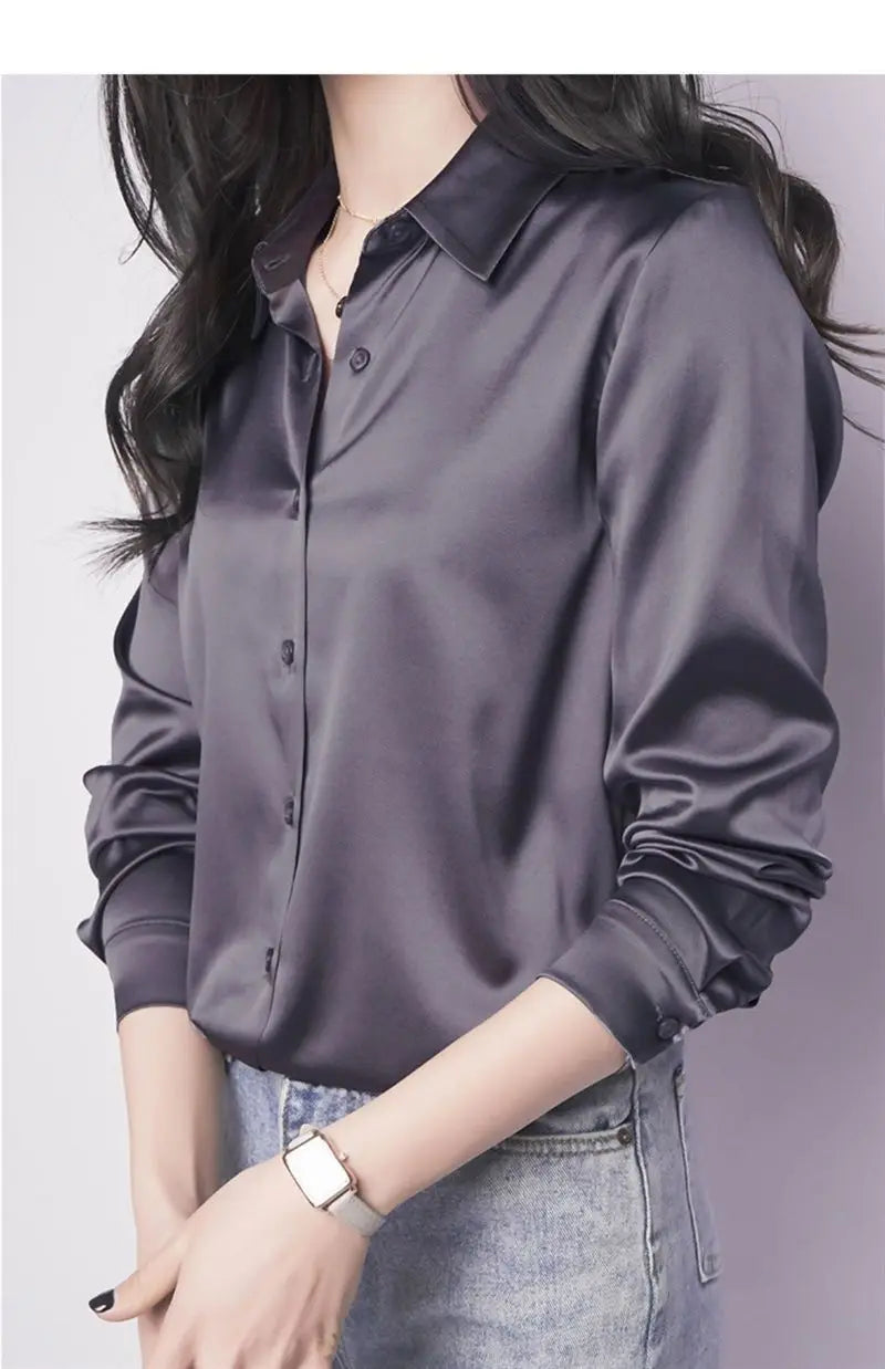 Spring Summer Casual Women's Satin Shirt Lapel Long Sleeve Blouse Loose Solid Color Office Lady Fashion Shirts Top.