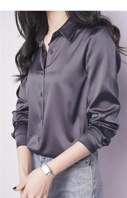 Spring Summer Casual Women's Satin Shirt Lapel Long Sleeve Blouse Loose Solid Color Office Lady Fashion Shirts Top.