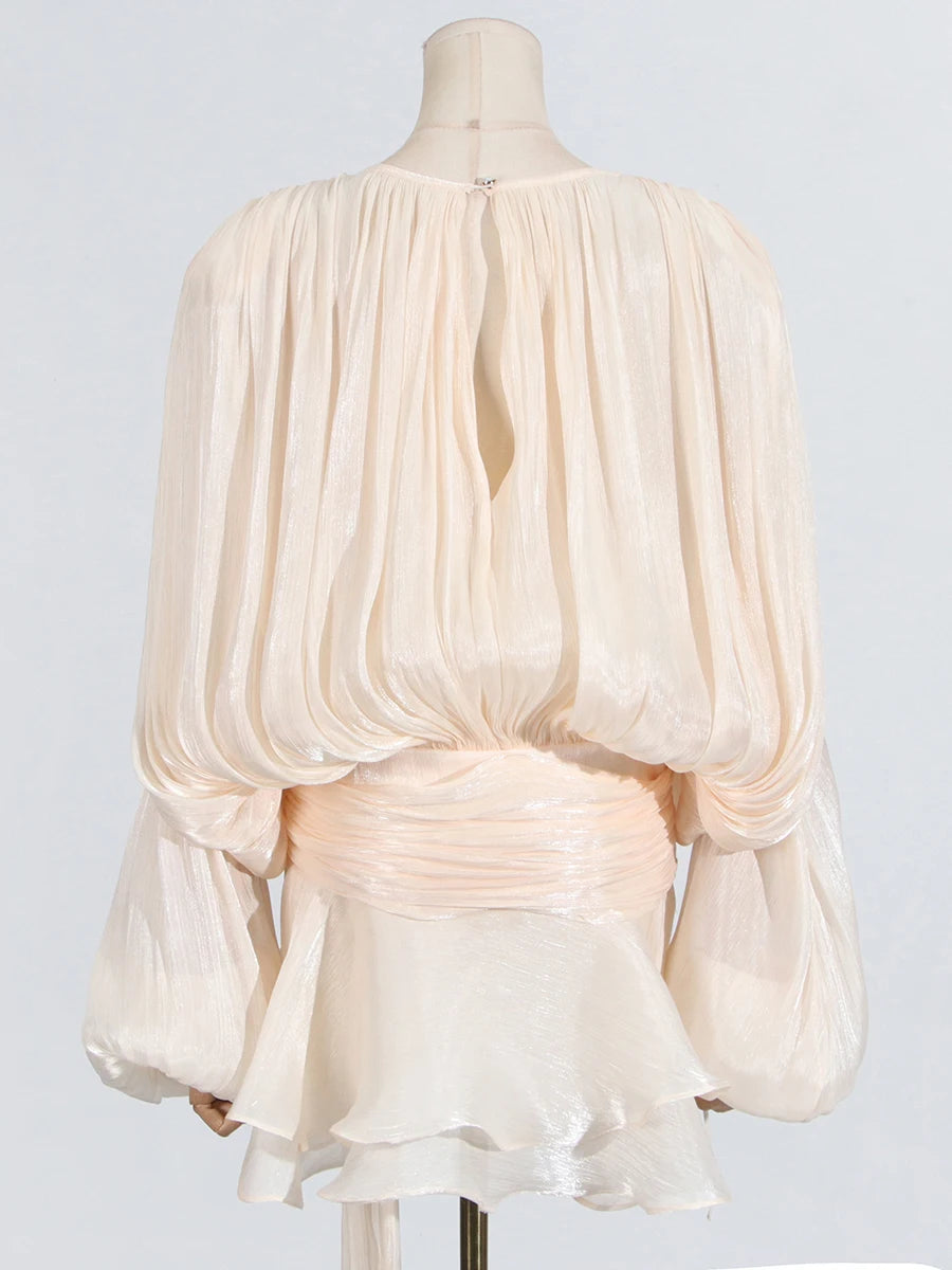 GALCAUR Solide Lose Splicd Lace Up Kleider Für Frauen V-ausschnitt Mit Langen Ärmeln Patchwork Rüschen Tunika Kleider Weibliche Mode Neue.