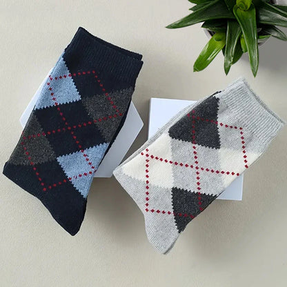 5 Pairs Men's Splicing Diamond Patterns Wool Socks Warm Winter Mid Length Socks Thickening Soft Cold-resistant Men Boots Socks.