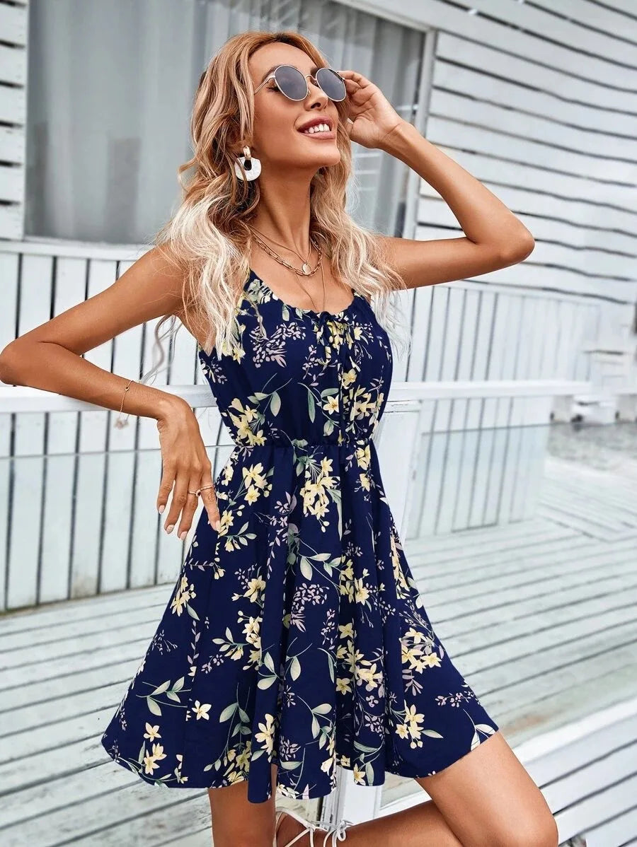 kleid damen,Sexy Blumendruck kurzes Kleid Frauen Sommermode schwarz rückenfrei Strand Sommerkleid lässig ärmellos Schnürung neu in Kleidern 2024.