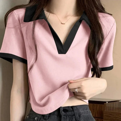 Slim Fit Polo Neck Short Sleeve T-Shirt Women's Summer Fashion Design Contrast Color Casual Versatile Top Body Shaping.
