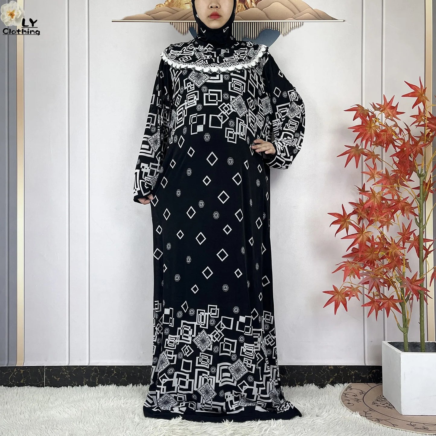 Muslim Ramadan Prayer For Women Long Sleeved Floral 2023Dubai Turkey Middle East Femme Loose Robe African Abayas Headscarf Dress.