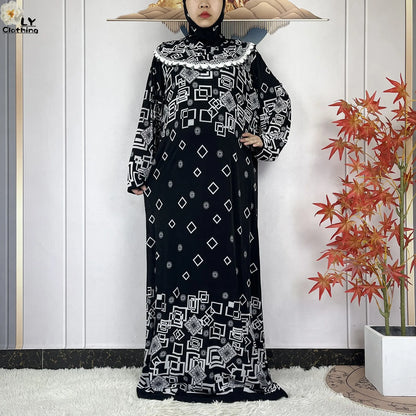 Muslim Ramadan Prayer For Women Long Sleeved Floral 2023Dubai Turkey Middle East Femme Loose Robe African Abayas Headscarf Dress.