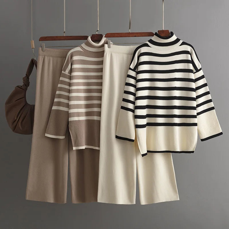 Muslim Women Knitting 2 Piece Sets Striped Sweater Pullover Top Wide Leg Pants Suit Outfits Knitwear Turtleneck Ensemble 2025.