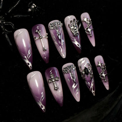 Halloween Cool Spice Style Spider Skull False Nails Purple Halo Dyeing Detachable Finished Fake Nails Press on Nail with Glue.