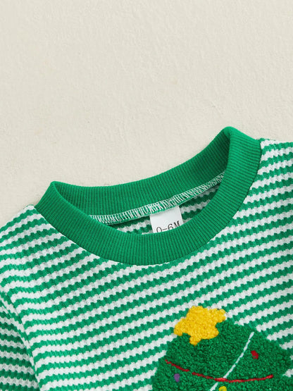 Weihnachts-Baby-Kleidung aus Baumwolle, 2-teiliges Set, 0–3 Jahre, gestreiftes Sweatshirt und Hose für Kleinkinder mit besticktem Weihnachtsbaum-Outfit.
