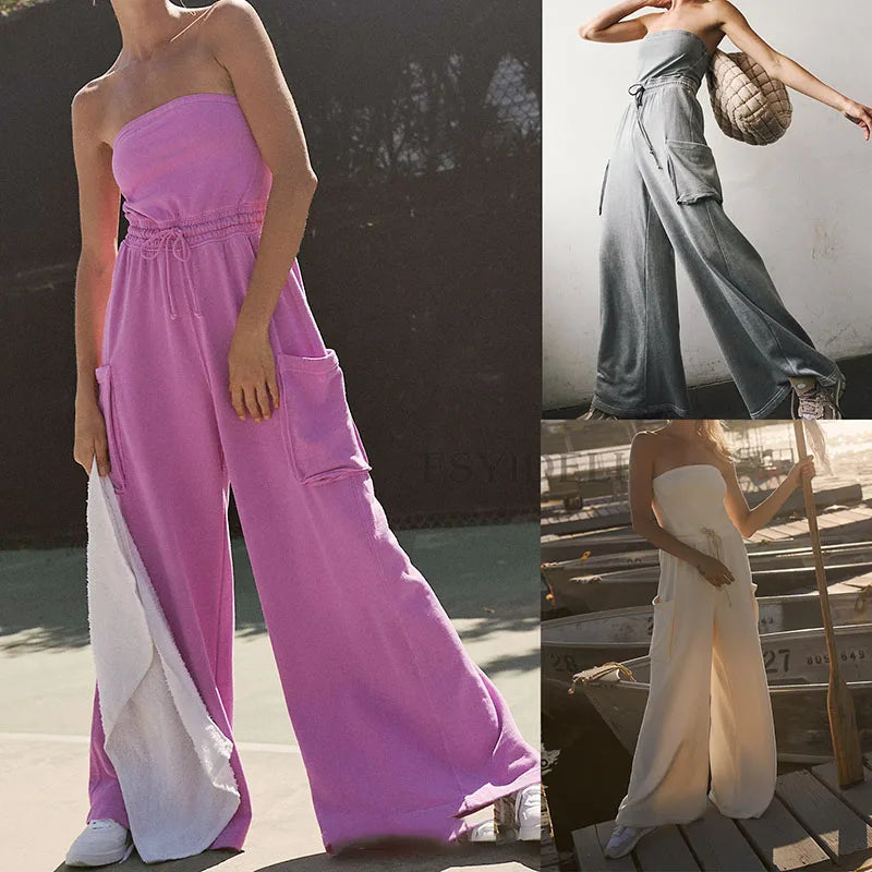 Stylish New Backless Sleeveless Commute Playsuits Women Tube Top Wide Leg Drawstring Rompers Elegant Solid Color Pocket Jumpsuit.