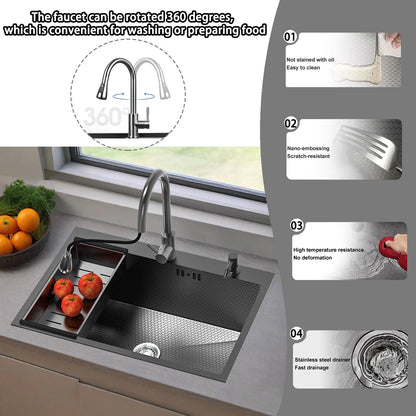 Schwarzes Küchenspüle, Einzelspüle aus Edelstahl, Ein-/Aufsatzspüle mit ausziehbarem Wasserhahn, mit mehreren Zubehörteilen