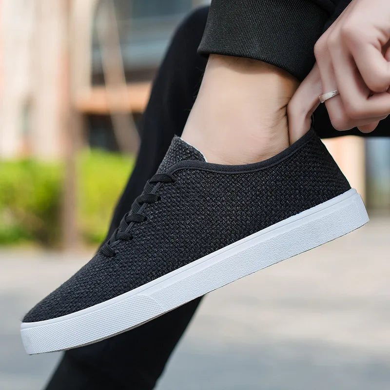 Men's Canvas Shoes Summer Breathable Lightweight Korean Style Shallow Mouth Loafers Non-slip Casual Lace Up Walking Sneakers.