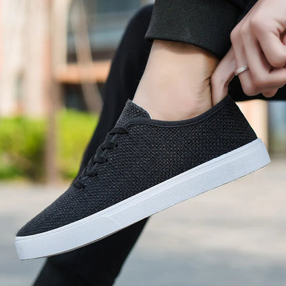 Men's Canvas Shoes Summer Breathable Lightweight Korean Style Shallow Mouth Loafers Non-slip Casual Lace Up Walking Sneakers.