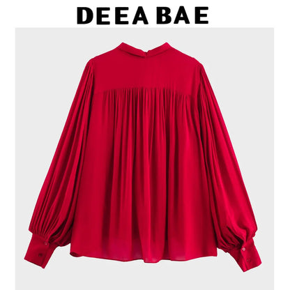 DEEABAE Bow Ribbon Red Chiffon Shirt Women's Early Spring New French Style High-end Temperament Age-reducing Top.