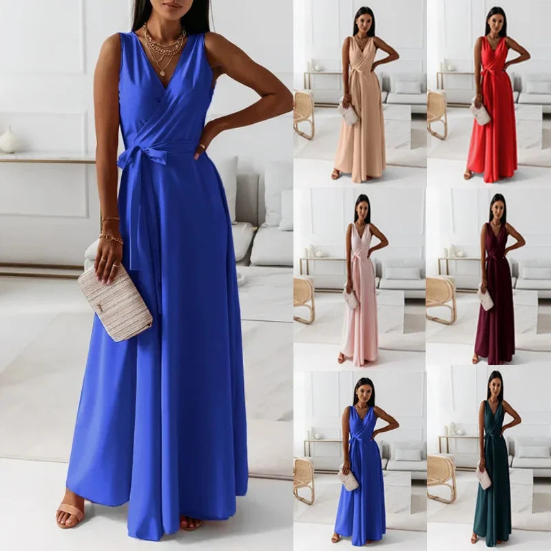 Frühling Sommer Neue Stil frauen Lange V-ausschnitt Kleid Reine Farbe Maxi Kleid Ärmelloses Empire-Taille Kleid für Damen Modische.