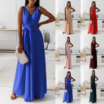Frühling Sommer Neue Stil frauen Lange V-ausschnitt Kleid Reine Farbe Maxi Kleid Ärmelloses Empire-Taille Kleid für Damen Modische.