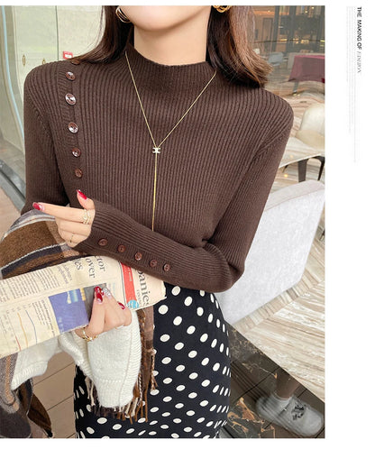 Langarm Beiläufige Dünne Pullover Mode Taste Grundlegende Gestrickte Tops Frauen Rollkragenpullover Koreanische Mode Einfache Chic Kleidung