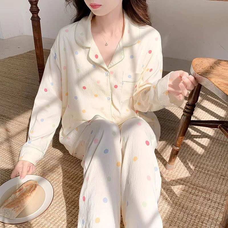 Koreanische Farbige Wavelet Dot Nachtwäsche frauen Herbst Lange Ärmeln Set Kleine Frische Hause Kleidung Lose Internationale Student Pyjama.