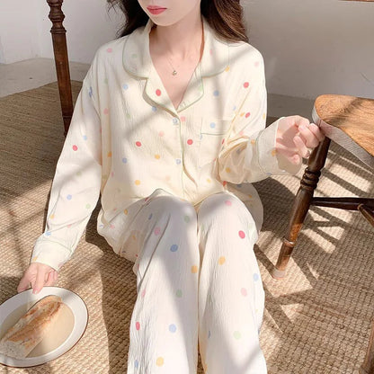 Koreanische Farbige Wavelet Dot Nachtwäsche frauen Herbst Lange Ärmeln Set Kleine Frische Hause Kleidung Lose Internationale Student Pyjama.