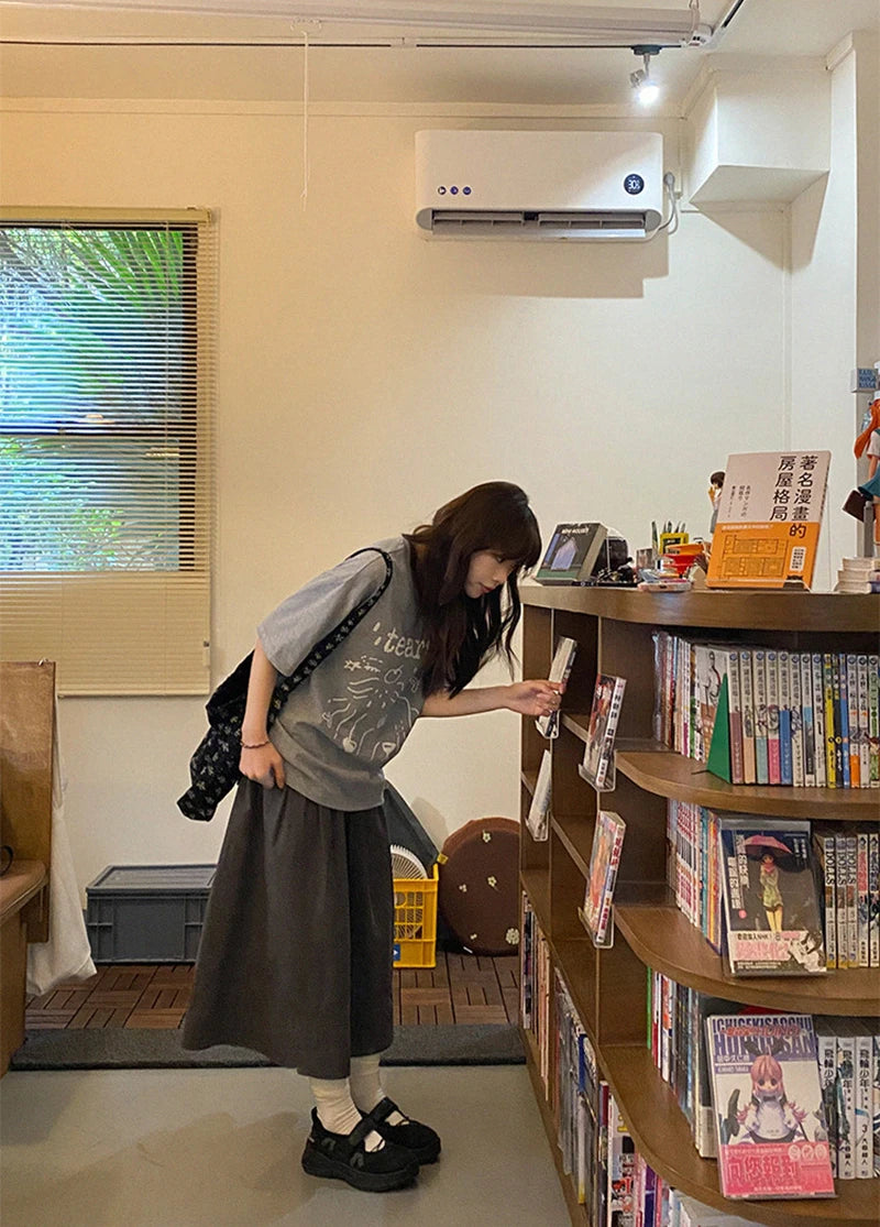 Vintage Black Midi Skirt Women Japanese Harajuku Drawstring Bud Skirts Summer Streetwear Korean Casual Design A Line Faldas New