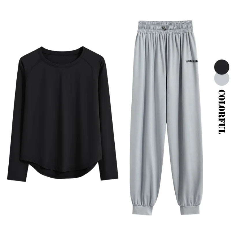 DRUR 2pcs Running Set Women Tracksuit Lightweight Loose Long Sleeve Sport Shirt Pants Sets 2 Piece Sportswear Outfit Gym Clothes