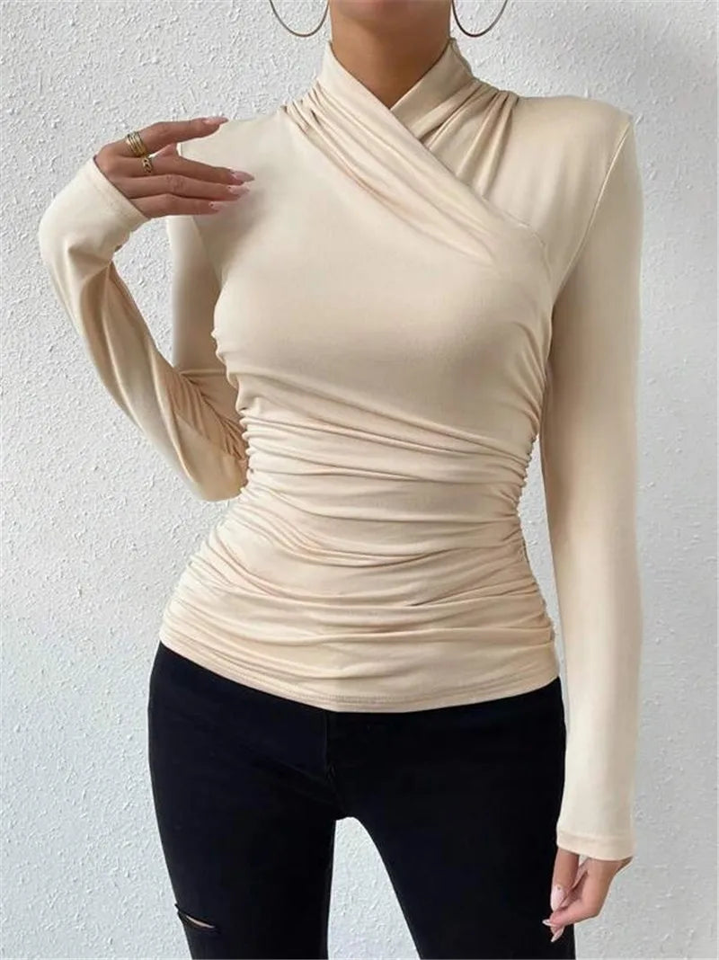 Women's Clothing Autumn Winter Tshirts New Design Cross Neckline Versatile Pleated T-shirt Comfortable Fashion Slim Fit Sexy Top.
