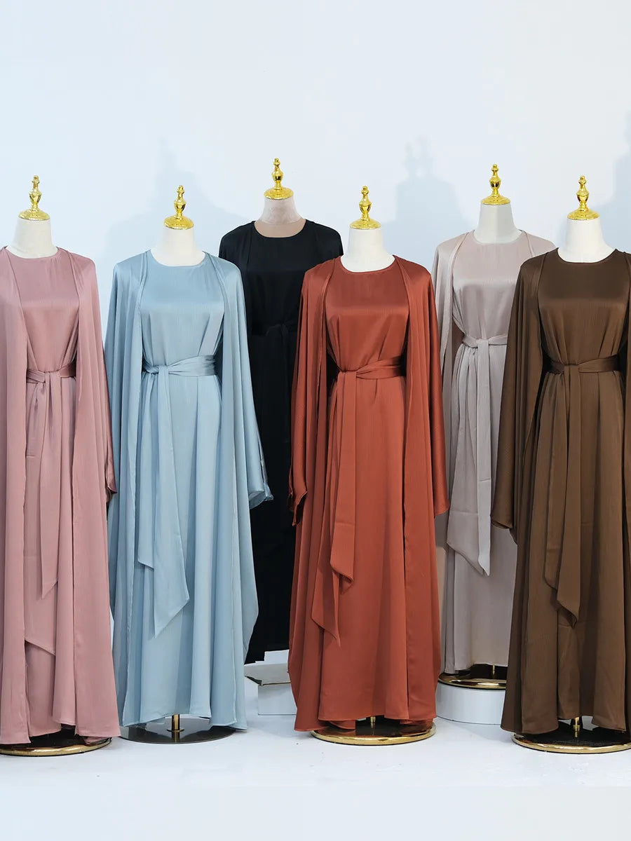 Muslim Turkish Women Arabic Dubai Abaya Long Dress Modest Ramadan Robe Liner Dress Kaftan Two-Piece Set Femme Islam Clothing Set.