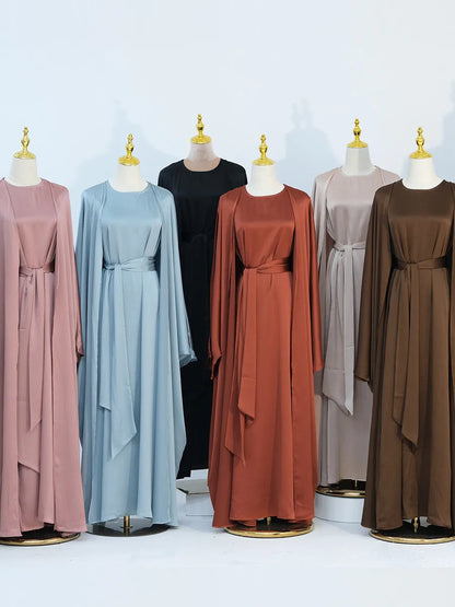 Muslim Turkish Women Arabic Dubai Abaya Long Dress Modest Ramadan Robe Liner Dress Kaftan Two-Piece Set Femme Islam Clothing Set.