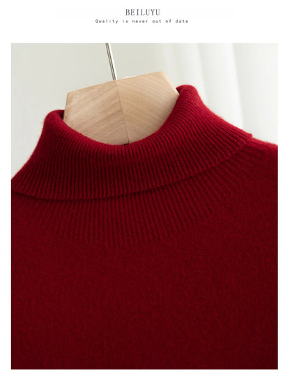 Men 100% Merino Wool Sweater Turtleneck Knitted Pullover Cashmere Warm Solid Color Clothes Business Bottoming Tops Autumn Winter