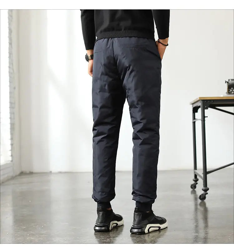 New Winter Thermal White Duck Down Pants for Men Loose Fit High Waist Warm Thickened Elastic Waistband Down Trousers Man PT-590.