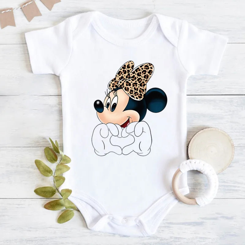 Niedliche Leopard Minnie Maus Disney Newbron Bodys Baby Kleidung Sommer Kurzarm Baumwolle Minnie Kawaii Stram pler Overall